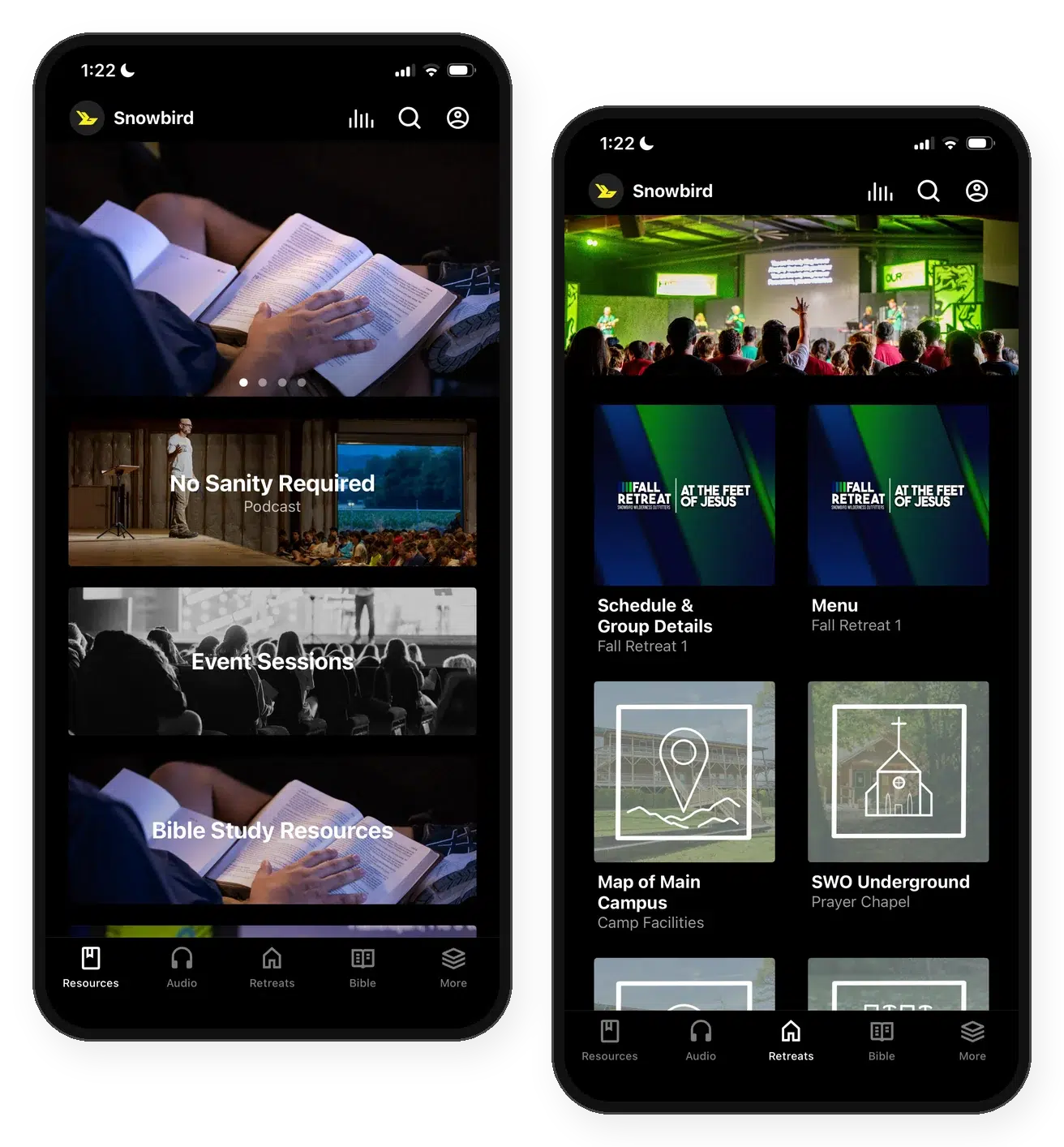 The snowbird app on iphone: the resources tab and the retreats tab with the schedule, menu, and campus map for a fall retreat