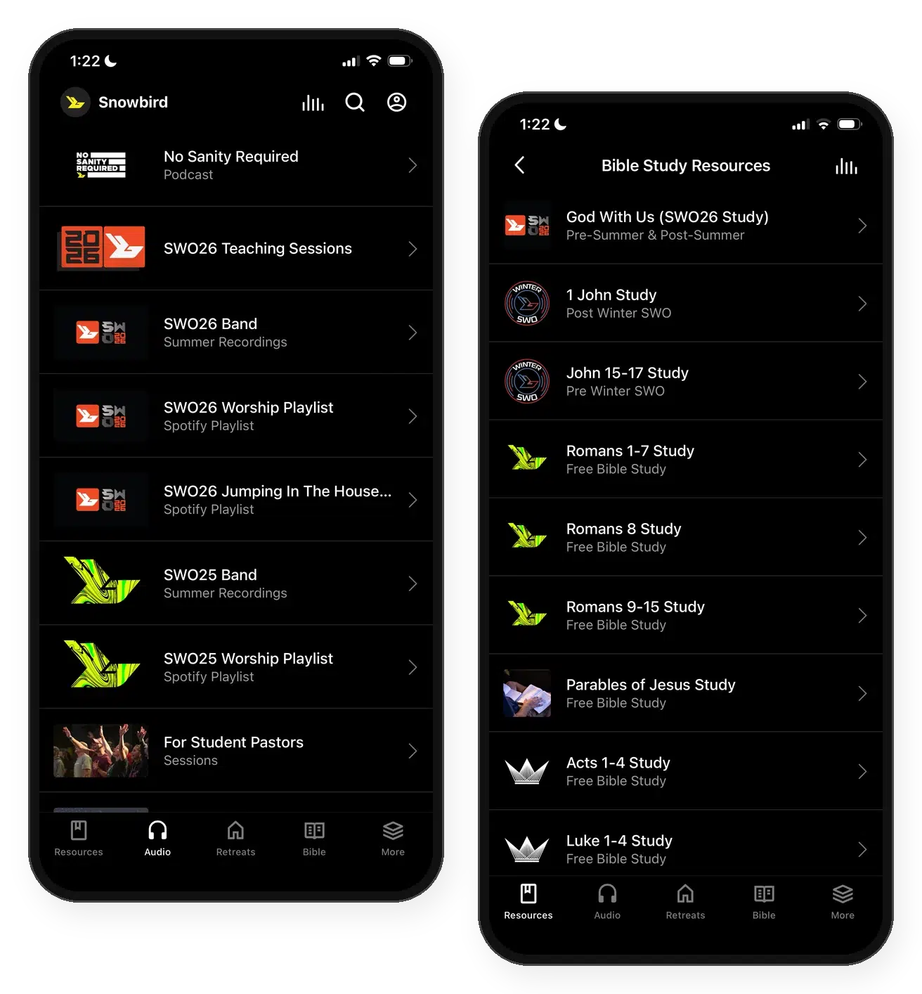 The snowbird app's audio tab with no sanity required and swo26 teaching sessions, next to the list of free bible studies